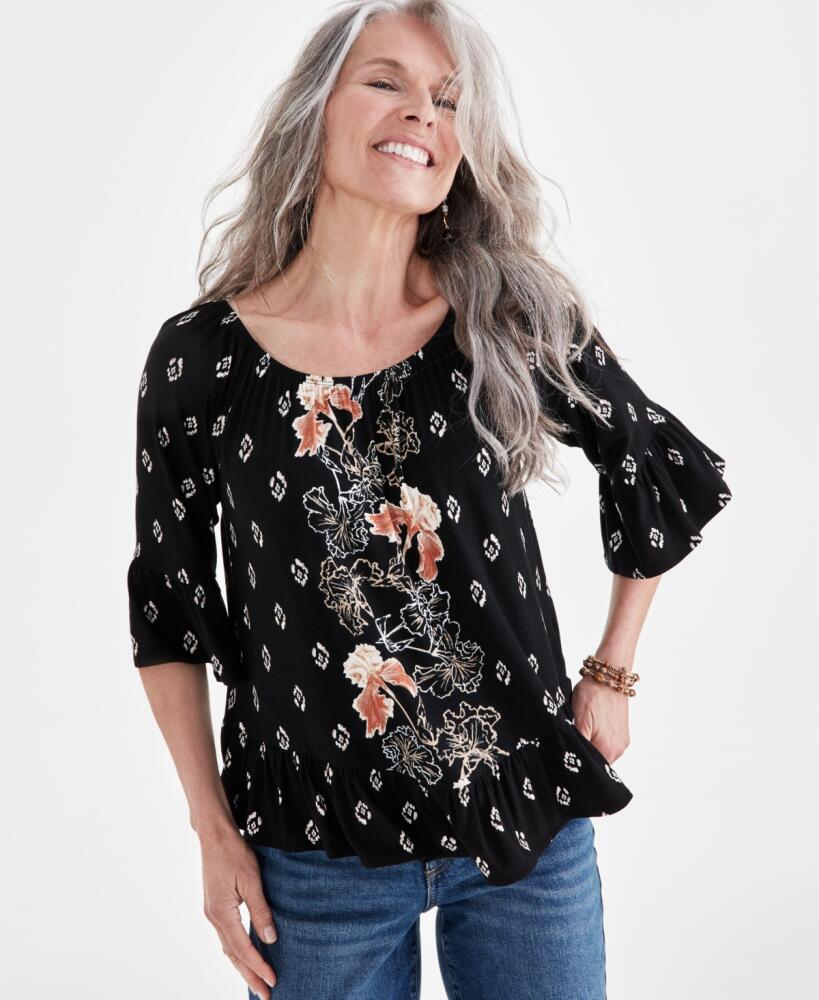 Style & Co Women's Printed 3/4-Sleeve On-Off Top, Created for Macy's - Black Floral Cover