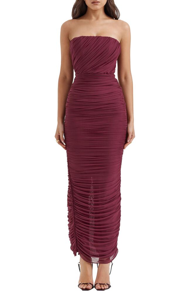 HOUSE OF CB Gradient Color Strapless Ruched Mesh Gown in Windsor Wine Cover