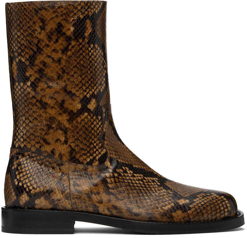 Dries Van Noten Tan Snake-Embossed Leather Boots Cover