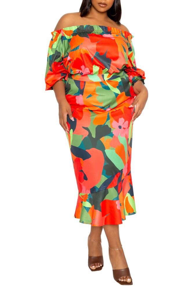 BUXOM COUTURE Floral Off-the-Shoulder Fit & Flare Dress in Orange Multi Cover