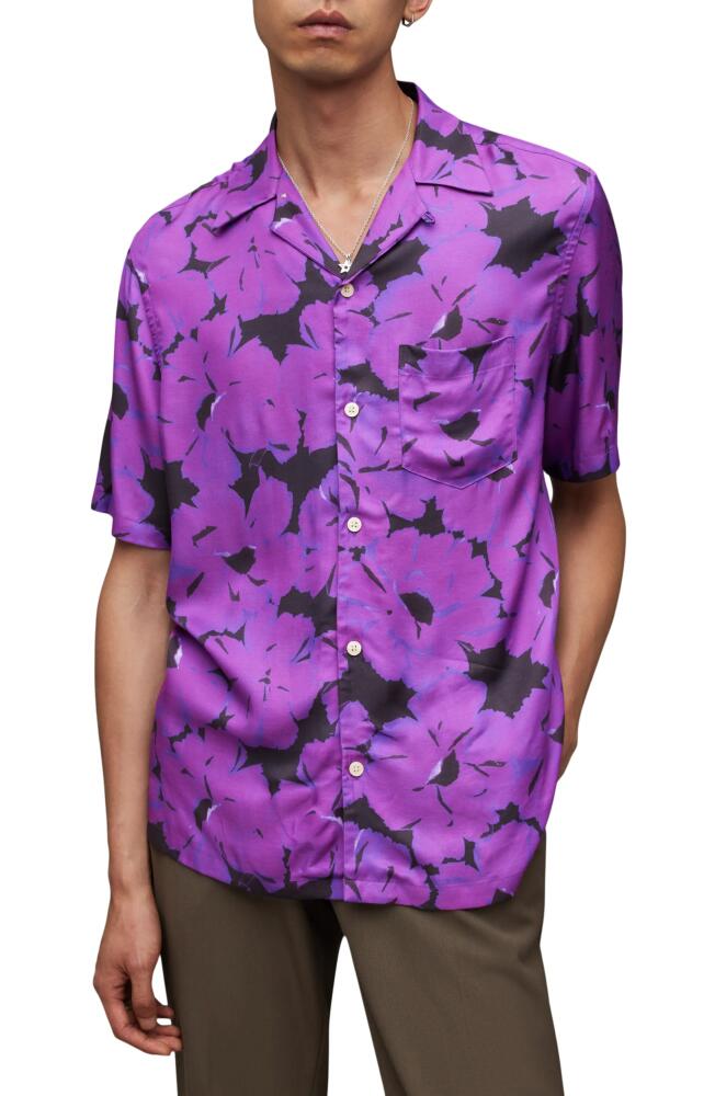 AllSaints Kaza Relaxed Fit Floral Camp Shirt in Electric Purple Cover