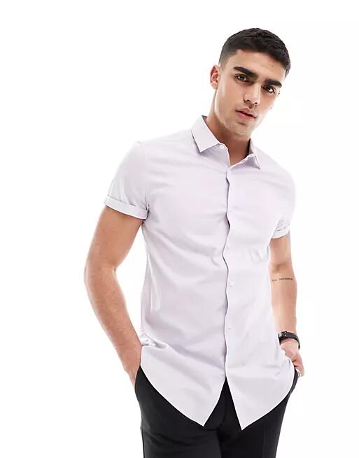 ASOS DESIGN stretch slim fit work shirt with rolled sleeves in lilac-Purple Cover