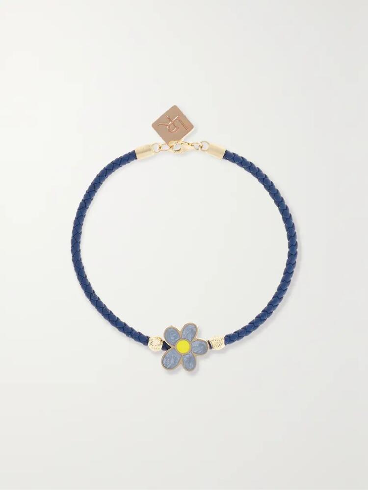 Lauren Rubinski - Flower 14-karat Gold, Glittered Enamel And Leather Bracelet - Blue Cover