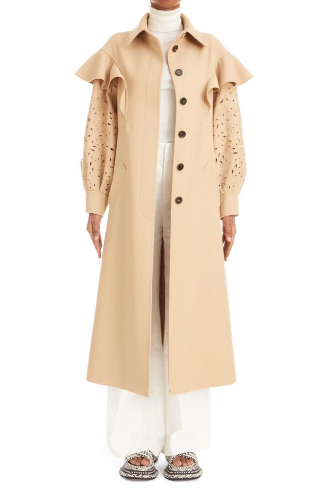 Chloé Ruffle Eyelet Sleeve Virgin Wool Gabardine Trench Coat in Pearl Beige Cover