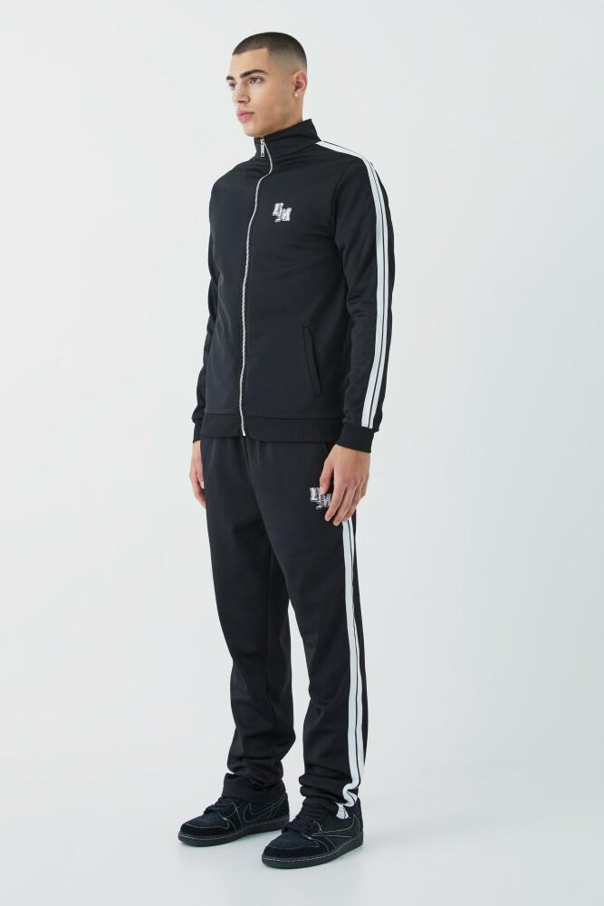 boohoo Mens Slim Fit Tricot Side Tape Funnel Neck Tracksuit - Black Cover