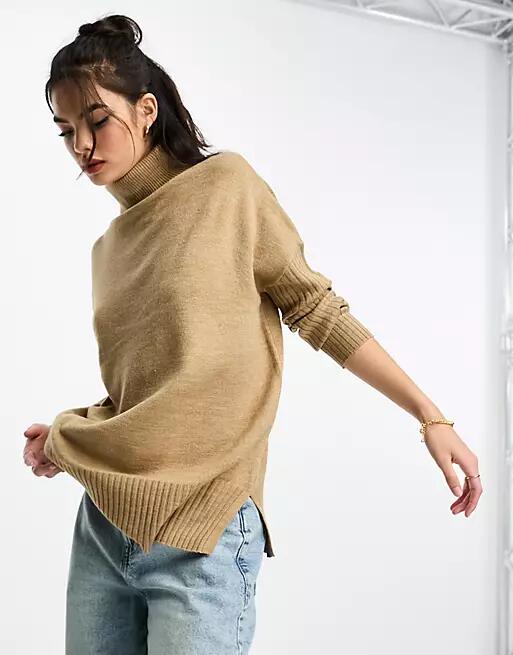 French Connection oversized turtle neck sweater with ribbed arm detail in camel-Neutral Cover