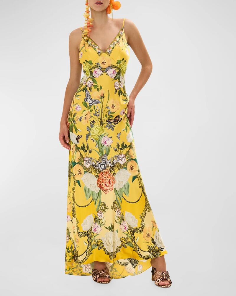 Camilla Floral Silk Long Bias Slip Dress with Train Cover