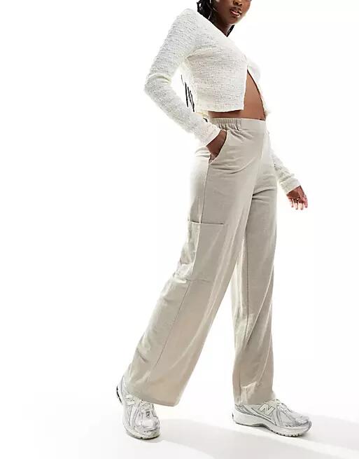 JDY wide leg pants with cargo pockets in textured beige-Neutral Cover