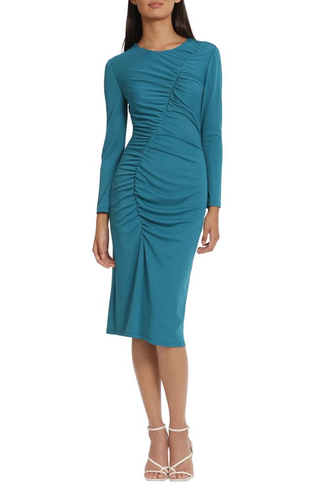 DONNA MORGAN FOR MAGGY Ruched Long Sleeve Knit Dress in Ocean Depths Cover