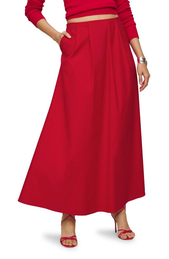 Reformation Lucy Pleated Stretch Organic Cotton Maxi Skirt in Lipstick Cover