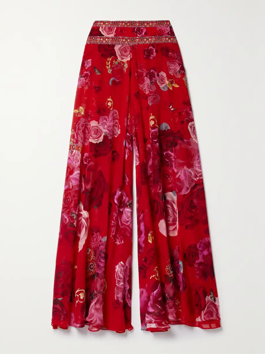 Camilla - Crystal-embellished Printed Silk-crepe Wide-leg Pants - Red Cover