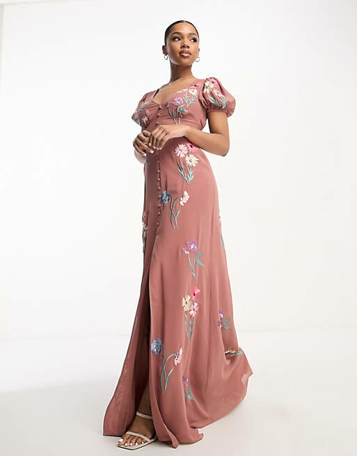 Maya puff sleeve embroidered maxi dress in caramel and pink Cover