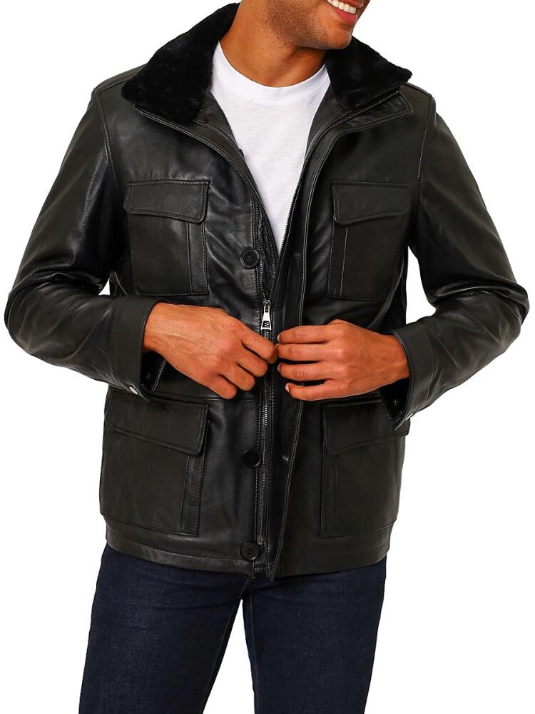 Vellapais Men's Colmar Faux Fur Trim Leather Jacket - Black Cover