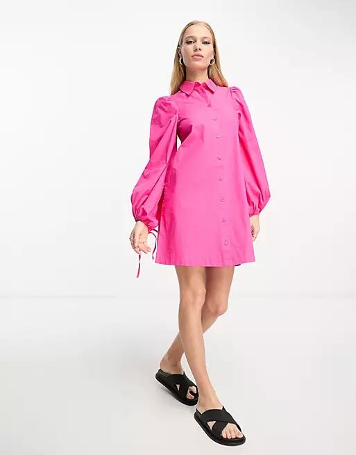 Monki balloon sleeve mini shirt dress in pink-Blue Cover