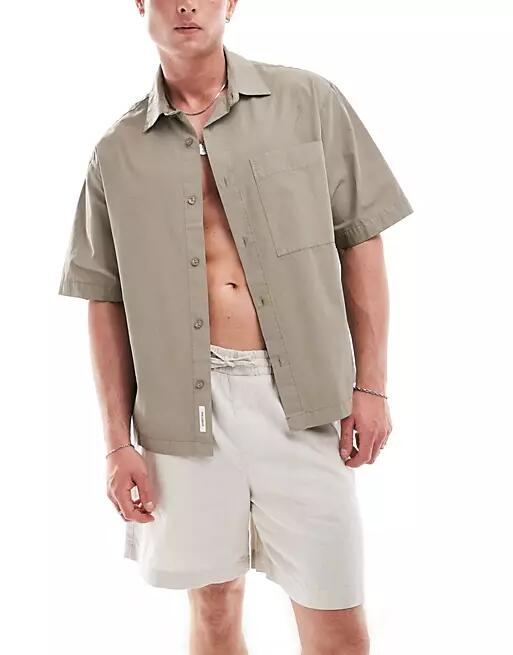 Pull & Bear boxy fit revere neck shirt in sand-Neutral Cover