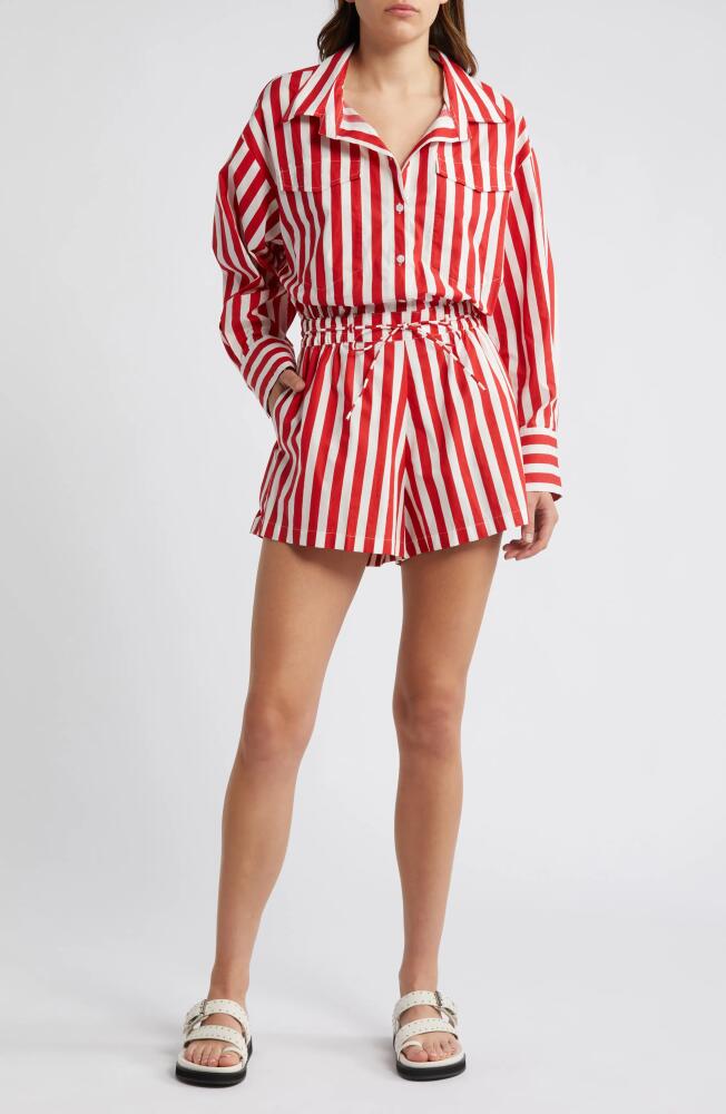 Faithfull the Brand Isole Stripe Long Sleeve Cotton Romper in Bayou Stripe Red Cover