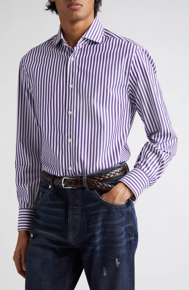 Brunello Cucinelli Basic Fit Stripe Button-Up Shirt in White /Purple Cover