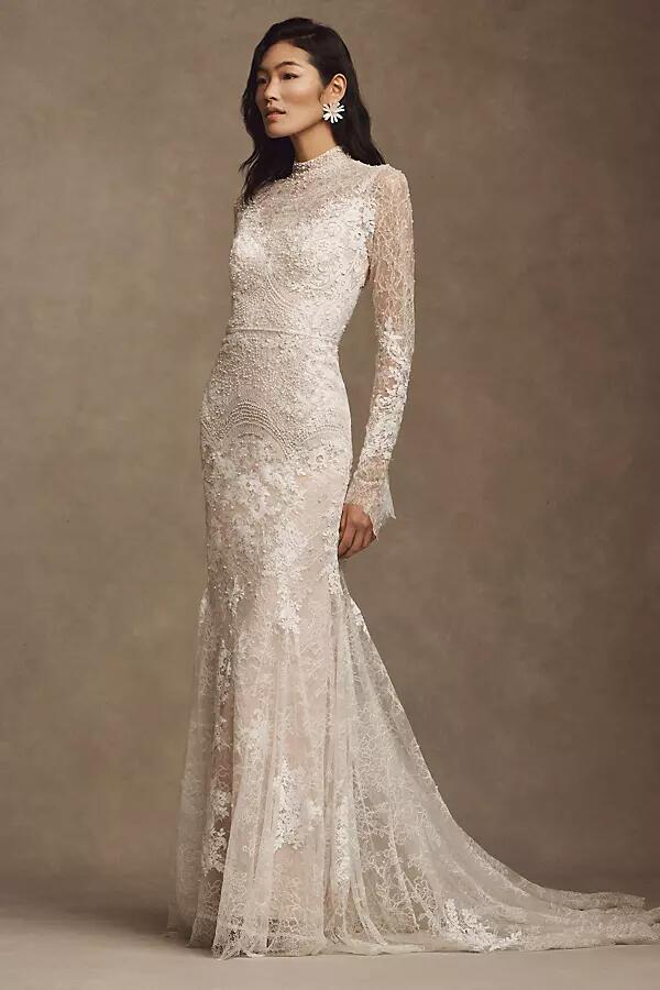 Watters Frances High-Neck Lace Sheath Wedding Gown Cover