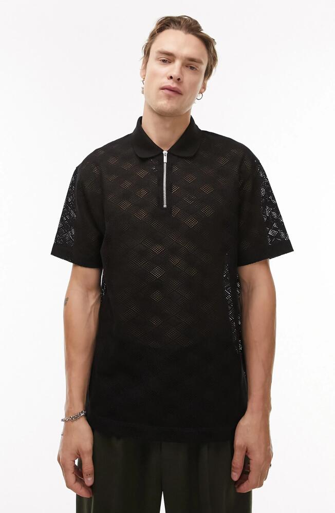 Topman Oversize Diamond Mesh Zip Polo in Black Cover