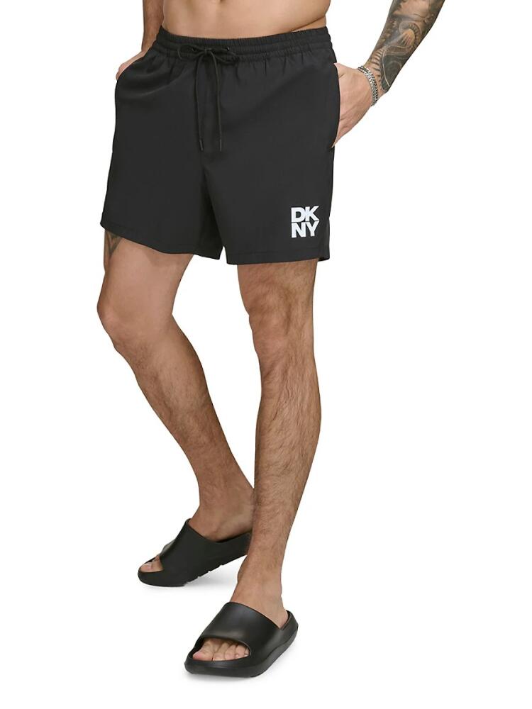 DKNY Men's Standard Fit Flat Front Swim Shorts - Black Cover