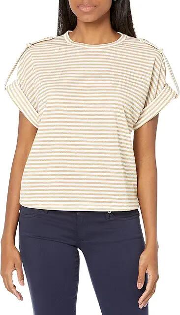 MICHAEL Michael Kors Petite Stripe Snap Epaulette T-Shirt (White/Gold) Women's Clothing Cover