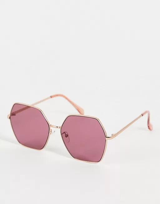 Jeepers Peepers oversized hex sunglasses in gold with blush lens-Purple Cover