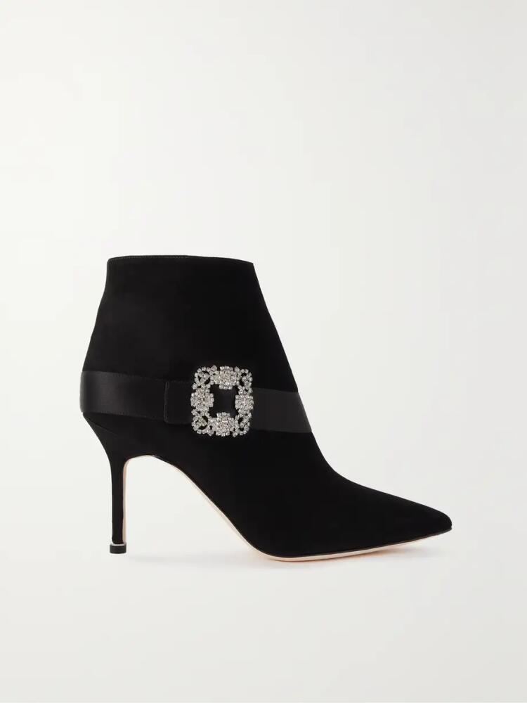 Manolo Blahnik - Plinianu 90 Crystal-embellished Satin-trimmed Suede Ankle Boots - Black Cover