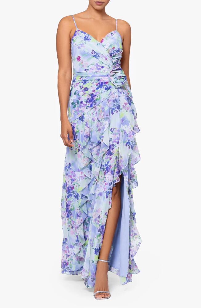 Xscape Evenings Floral Ruched Ruffle Gown in Peri/Green Cover