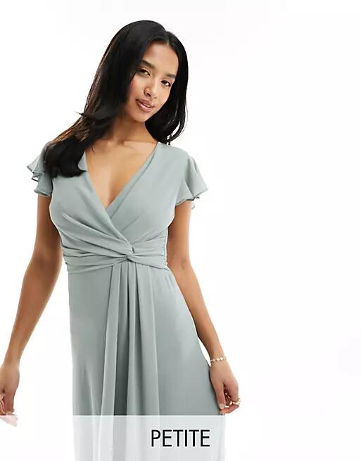 TFNC Petite Bridesmaid flutter sleeve ruffle detail maxi dress in sage-Green Cover