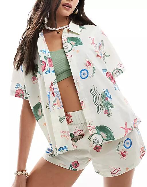 ASOS DESIGN linen look boxy beach shirt in postcard print - part of a set-Multi Cover