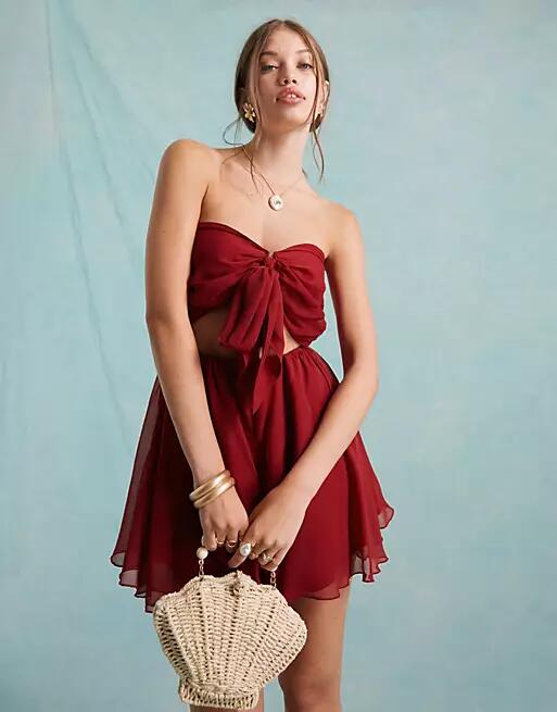 Miss Selfridge beach textured chiffon tie front romper in red Cover