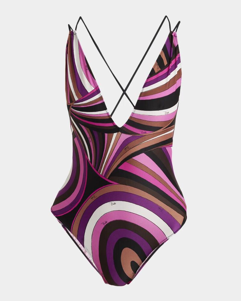 Emilio Pucci Iride-Print V-Plunge Backless One-Piece Swimsuit Cover