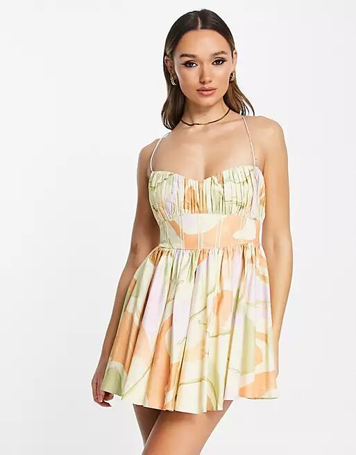 ASOS DESIGN cotton structured prom mini dress with corset detail in swirl print-Multi Cover