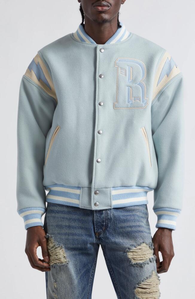 Rhude Lightning Varsity Wool Blend Bomber Jacket in Mint/Cream Cover