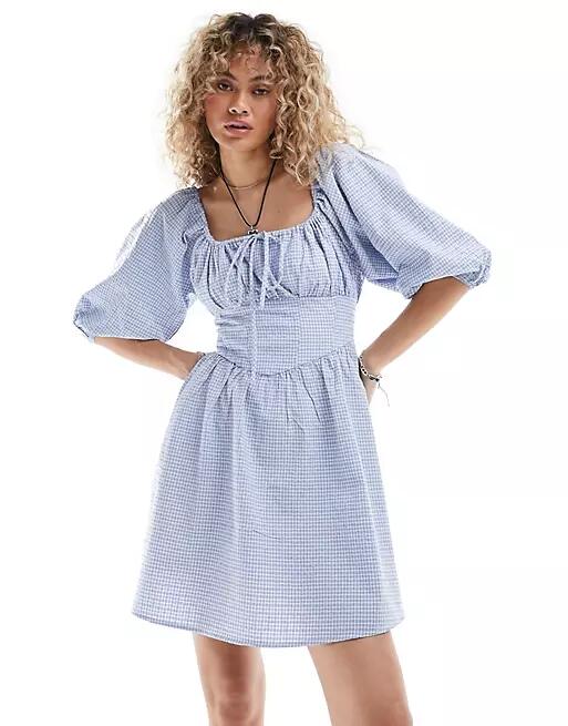 Glamorous bow detail corset top mini smock dress in textured blue plaid Cover