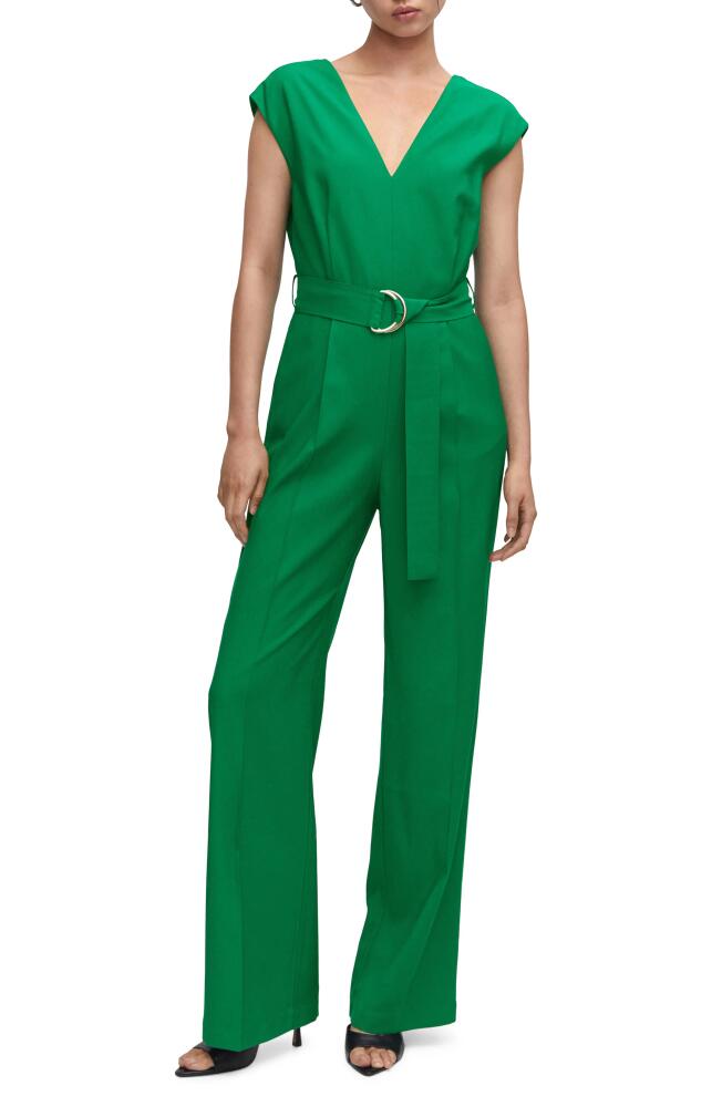 MANGO V-Neck Belted Jumpsuit in Green Cover