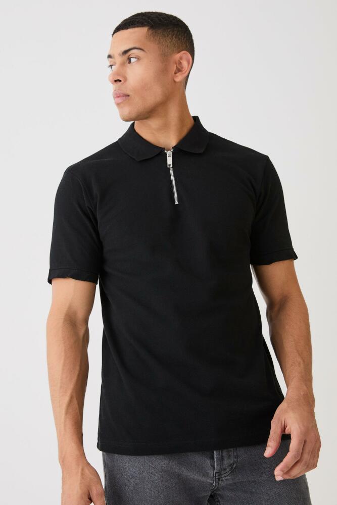 boohoo Mens Slim 1/4 Zip Pique Golf Polo - Black Cover