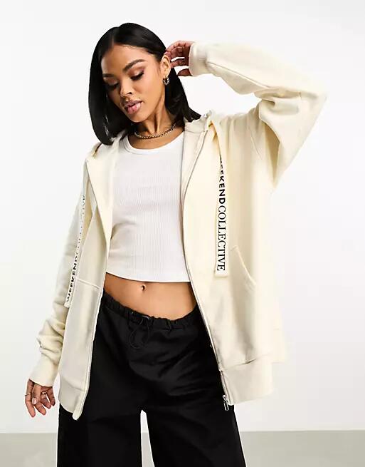 ASOS Weekend Collective over sized zip through hoodie with branded drawcord in cream-White Cover