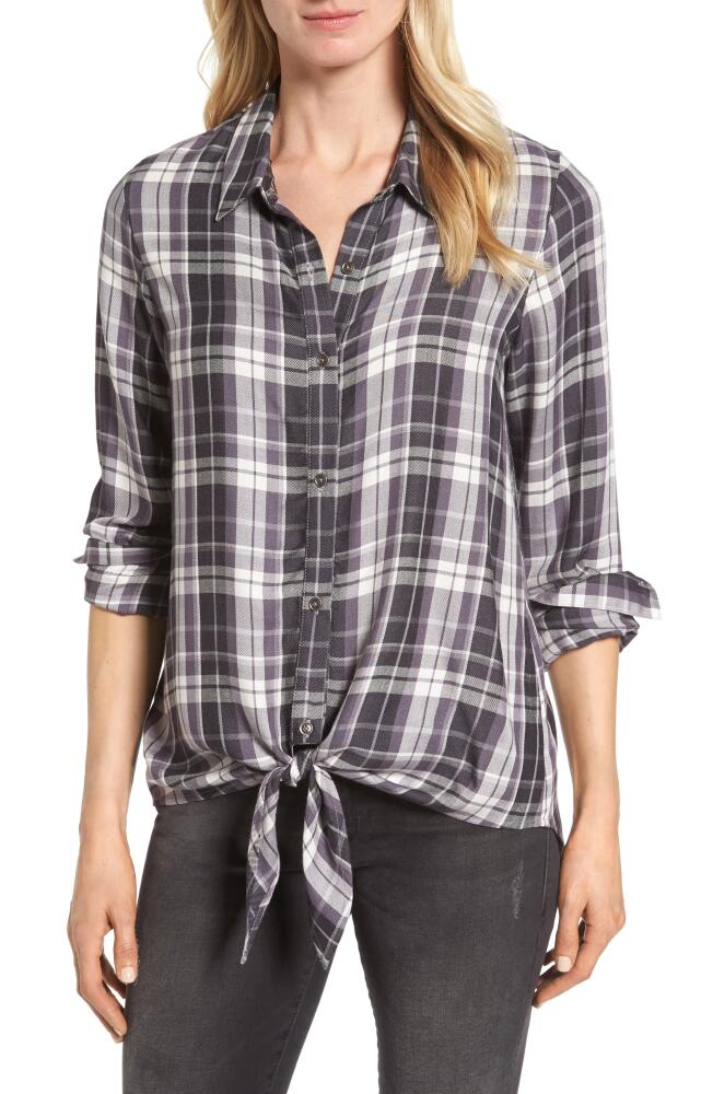 Bobeau Tie Front Plaid Shirt in Grey/Black Plaid Cover