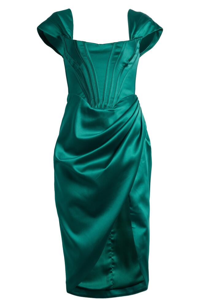 HOUSE OF CB Loretta Off the Shoulder Satin Corset Dress in Green Cover