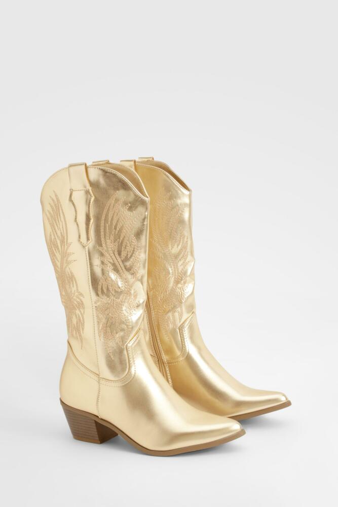 boohoo Womens Metallic Embroidered Calf High Cowboy Boots - Gold Cover