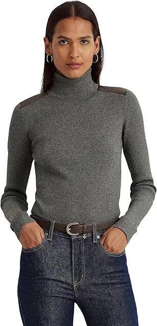 Lauren Ralph Lauren Petite Faux Leather Trim Ribbed Turtleneck (Modern Grey Heather) Women's Sweater Cover