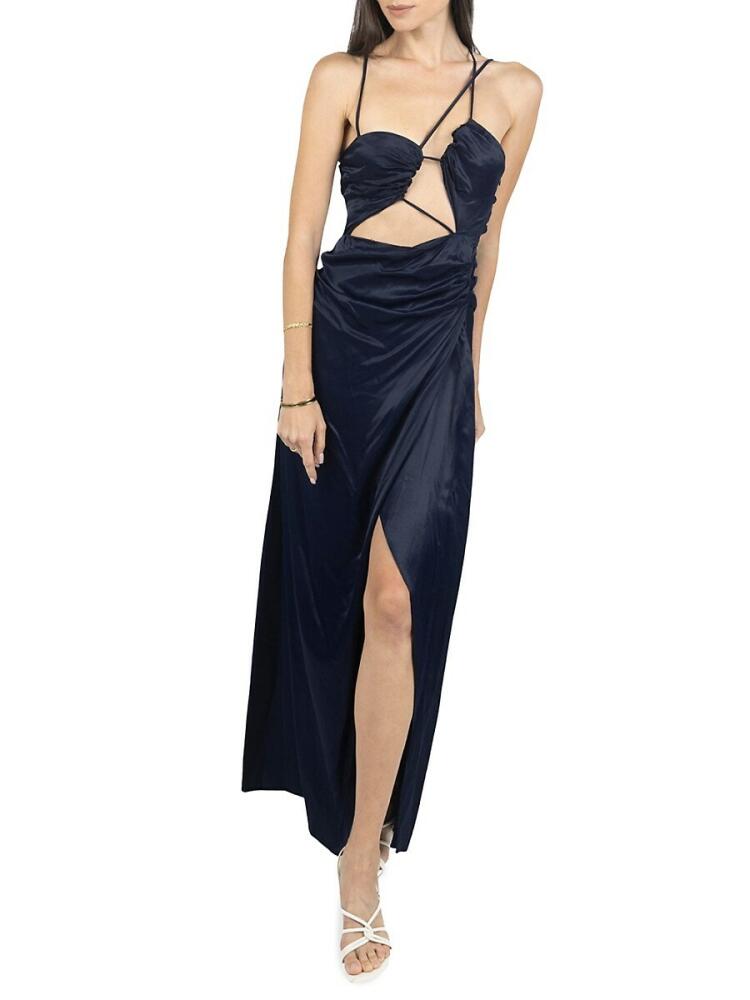 AKALIA Women's Cutout Side Slit Satin Gown - Dark Blue Cover