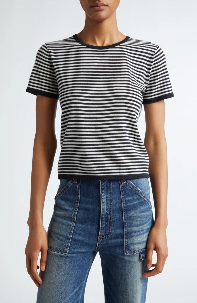 Nili Lotan Nadette Stripe Short Sleeve Merino Wool & Silk Sweater in Midnight/Ivory Stripe Cover