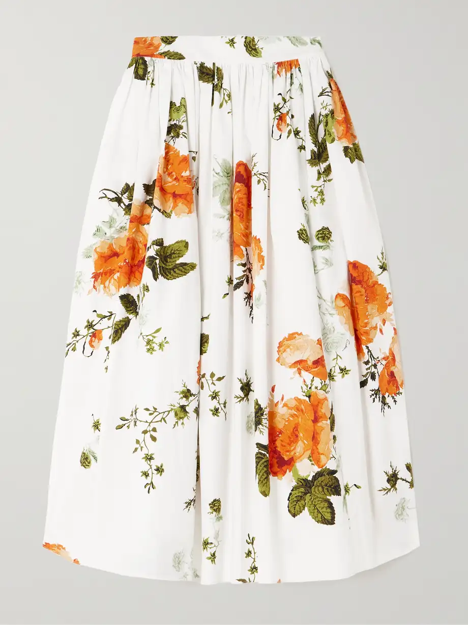 Erdem - Gathered Floral-print Cotton-poplin Midi Skirt - White Cover