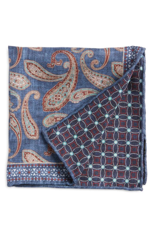 EDWARD ARMAH Paisley Reversible Silk Pocket Square in Denim Cover