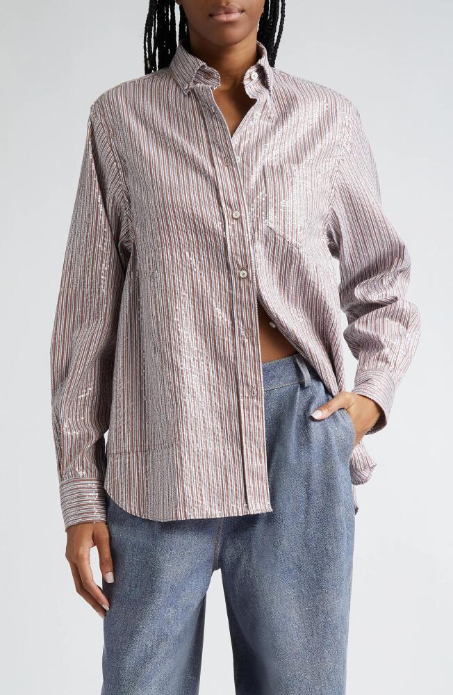 Saks Potts William Stripe Sequin Cotton Poplin Button-Down Shirt in Brown Stripe Sequin Cover