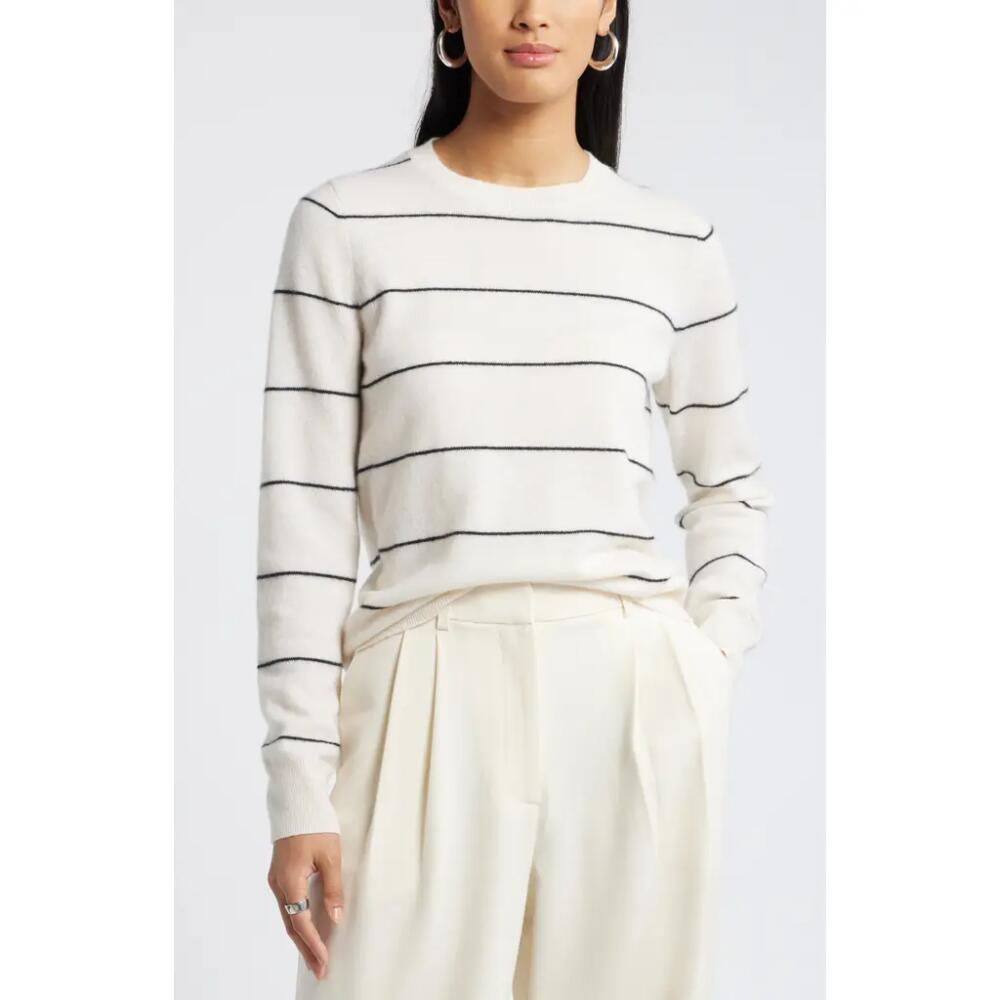 Nordstrom Crewneck Cashmere Sweater in Ivory- Black Spaced Stripe Cover