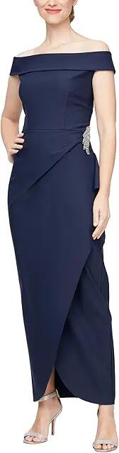 Alex Evenings Long Compression Off-the-Shoulder Dress with Hip Embellishment (Navy) Women's Dress Cover