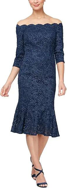 Alex Evenings Midi Length off the Shoulder Dress (Navy) Women's Dress Cover